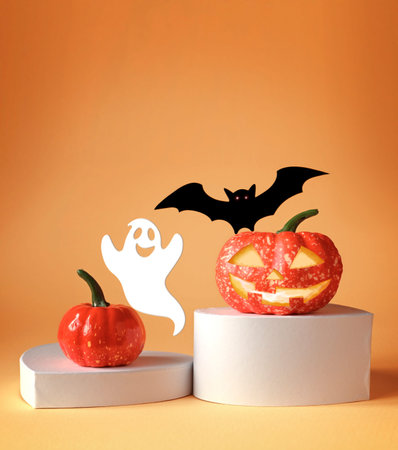 Halloween decorations on orange background. Halloween concept. Pumpkin on podium, bat and ghost.
