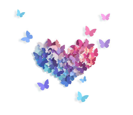 Decorative flying butterflies pattern in heart shape isolated on white background with copy space. Spring, summer season conceptの写真素材