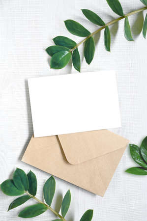 Mock up card with plants. Invitation card with gray envelope on white background.の写真素材