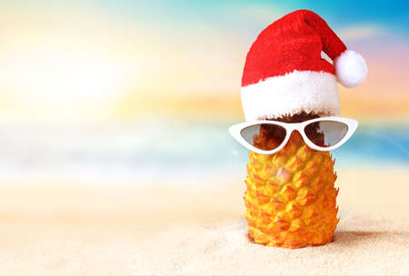 One pineapple in red Santa Claus hat in sunglasses on a sand on the tropical beach near ocean, summer Christmas concept, Happy New Year backgroundの写真素材