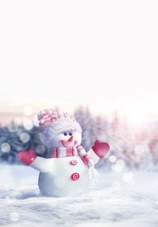 Merry christmas and happy new year greeting card. Happy snowman standing in winter christmas landscape.Snow backgroundの写真素材