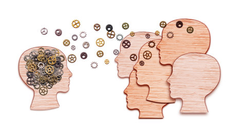 Teamwork and Leadership education symbol concept. Human heads shaped with gears brain idea made of woods working together as team in working partnership on white background.の写真素材