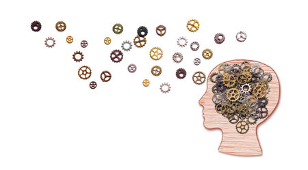 Teamwork and Leadership education symbol concept. Human head shaped with gears brain idea made of woods working together as team in working partnership on white background.の写真素材