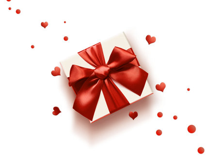 Top view photo of valentine's day decorations white gift box with red ribbon bow and small hearts on isolated white background with empty space.の写真素材
