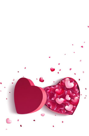 Open pink heart shaped gift box with hearts on white background. Design for Valentine's Day.の写真素材