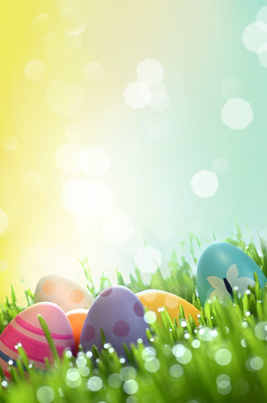 Row of Easter eggs in Fresh Green Grass.