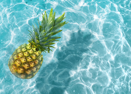 Yellow pineapple on a blue water background. exotic concept.の写真素材