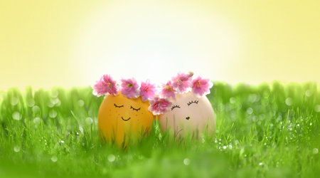 Row of two Easter eggs in fresh green grass. holiday concept.の写真素材