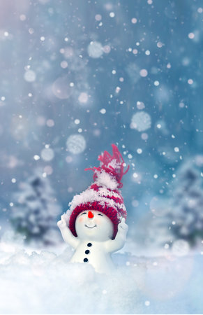 One little snowmen in caps on snow in the winter. Festive background with a funny snowman. Christmas card, copy space.の写真素材