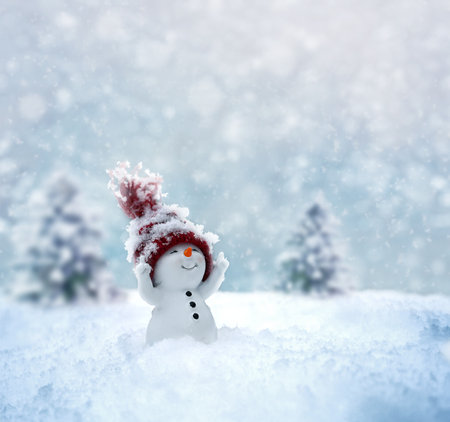 One little snowmen in caps on snow in the winter. Festive background with a funny snowman. Christmas card, copy space.の写真素材