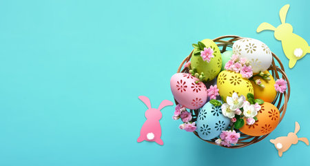 Collection of stylish colors eggs with flowers for Easter celebration on blue background. Holiday...