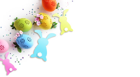 Collection of stylish colors eggs with flowers for Easter celebration on white background. Holiday concept.の写真素材
