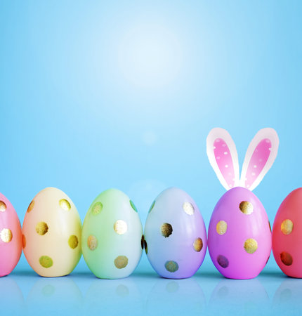 Collection of stylish colors eggs with golden circles for Easter celebration on blue background....