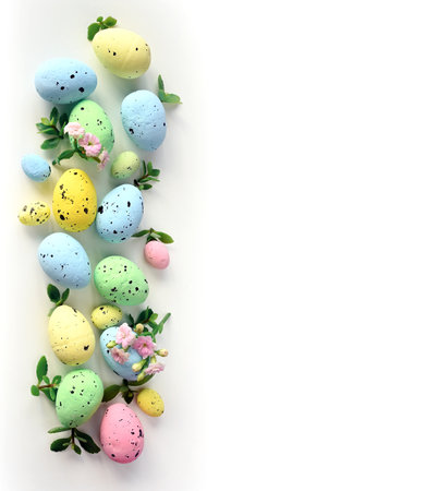 Collection of stylish colors eggs with flowers for Easter celebration on white background. Holiday concept.の写真素材