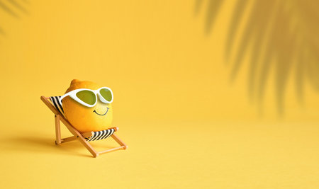 Lemon in sunglasses relaxes on lounge chair on beach. Summer tropical minimal humor concept.の写真素材