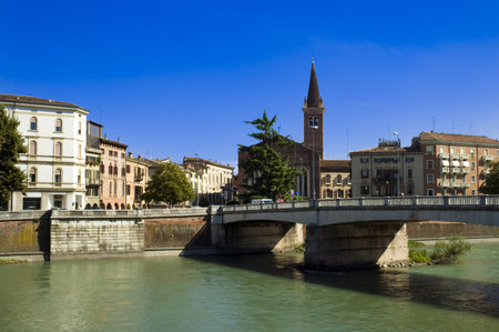 Adige river crosses the old town of Verona