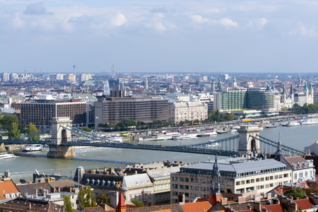 View of the old Chain Bridge in Budapest from the Fisherman Bastionの写真素材
