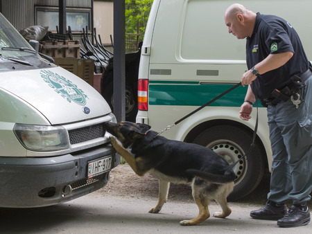 SZEGED, HUNGARY - APRIL 26. 2015 - Excise officer (NAV) holds a presendation with a drug detection dog in the 'Earth day' event in Szeged Zoo.のeditorial素材