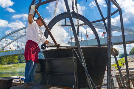 SZEGED, HUNGARY - SEPTEMBER 06. 2015 - Giant kettle of fish soup in the International Tisza Fish Soup Festival in Szegedのeditorial素材