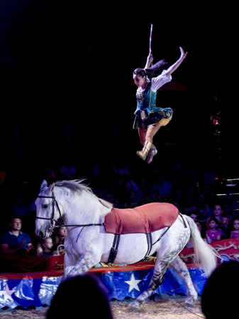 SZEGED, HUNGARY - JUNE 12. 2016 - horse riding performance of the Hungarian National Circus by the Richter Groupのeditorial素材