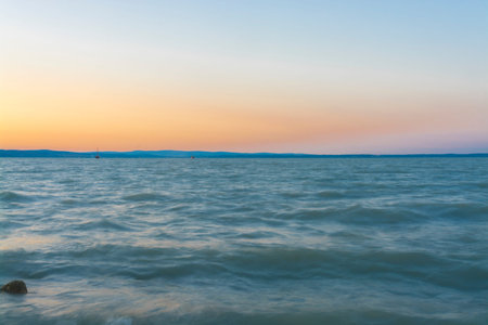 Summer sunset in the Lake Balaton in Siofok, Hungaryの写真素材