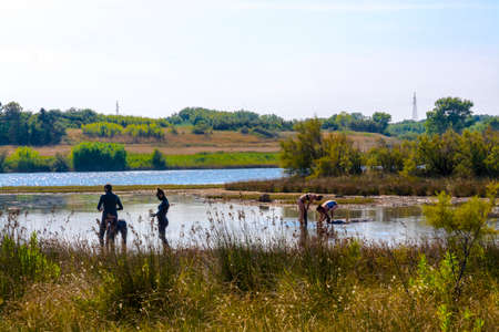 NIN, CROATIA - AUGUST 08, 2018: Ponds of black mud near Nin, in the beach of the Adriatic seaのeditorial素材