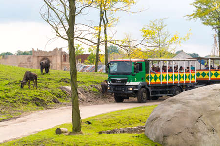 EMMEN, THE NETHERLANDS - SEPTEMBER 20, 2017: Safari bus in the Wildlands, the zoo of Emmenのeditorial素材