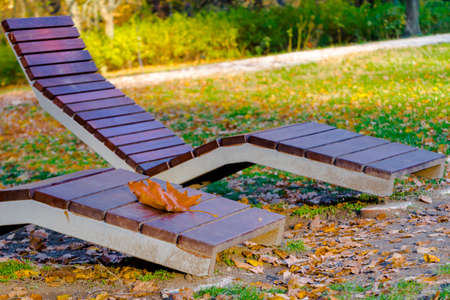 Outdoor benches in the Liget park in Szegedの写真素材