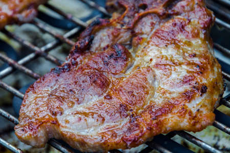 Baking grilled pork meat in the gardenの写真素材