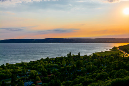 Panorama view of Northern Balaton in Balatonkeneseの写真素材