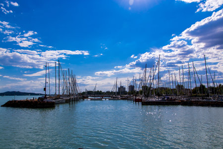 Harbor of the lake Balaton in Balatonfured in summerの写真素材