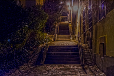 Street photo in Budapest at night with stairs