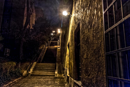 Street photo in Budapest at night with stairs