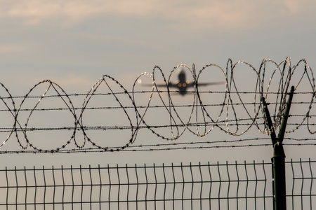 Airplane is taking off behind the fence with barbed wireの写真素材