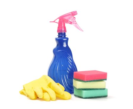 Cleaner, sponges and rubber glovesの写真素材
