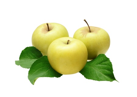 Three apples with leaves isolated on whiteの写真素材