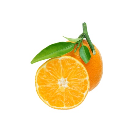 tangerines with leaves isolated on whiteの写真素材