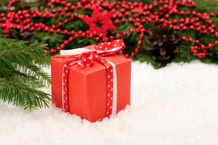 Christmas card: red gift box and Christmas tree branch on whiteの写真素材