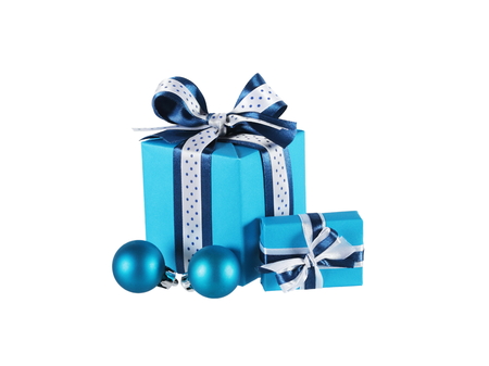 wrapped blue gift boxes and Christmas balls isolated on whiteの写真素材
