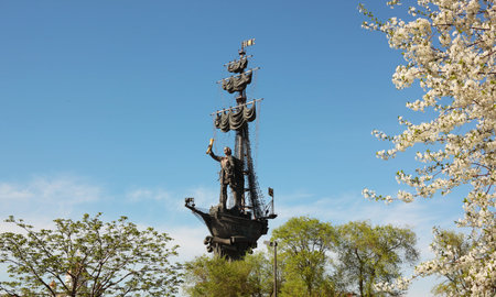 Moscow, Russia - May 7, 2018: Monument to Russian emperor Peter the Great, sculptor Zurab Tseretely. Popular landmark.のeditorial素材