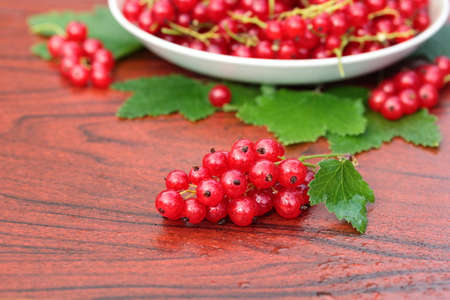 Beautiful ripe red currant berries and leaves on the table close upの写真素材