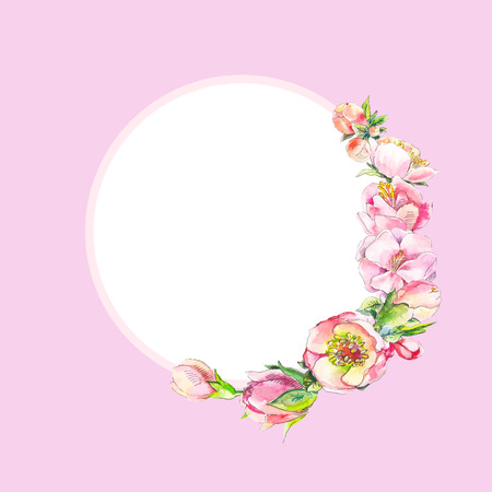 Round frame with pink watercolor flowers. Frame of dog rose flowers, cherry blossoms or peonies. Suitable for invitations, cards. Free space for text.のイラスト素材