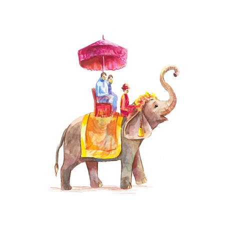 Watercolor vector illustration of tourists riding on an Asian elephant with mahout isolated on whiteのイラスト素材