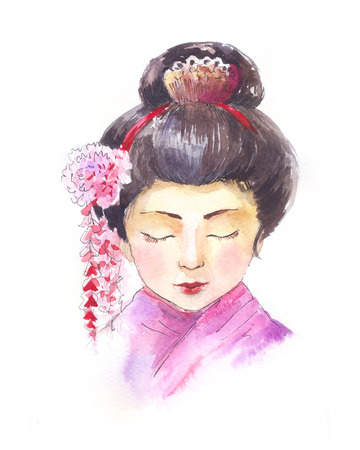 geisha watercolor portrait, isolated on white backgroundの写真素材