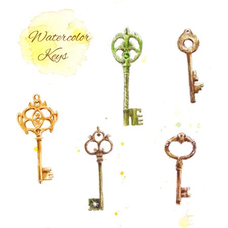 Set of watercolor keys, vintage drawing of five keysの写真素材