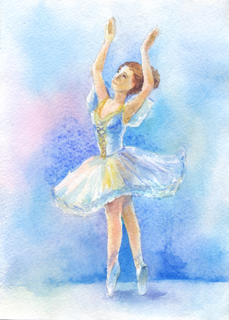 dancer in blue tutu on watercolor backgroundの写真素材