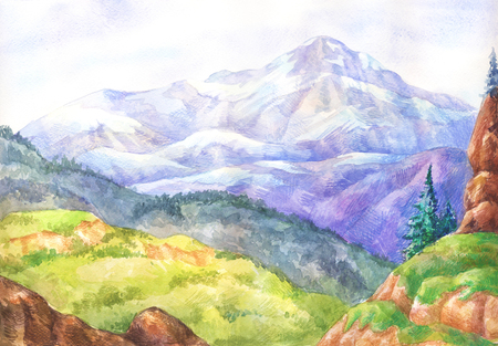 Watercolor landscapes. Hand-drawn painting. View from above. Drawing by colored pencils.の写真素材