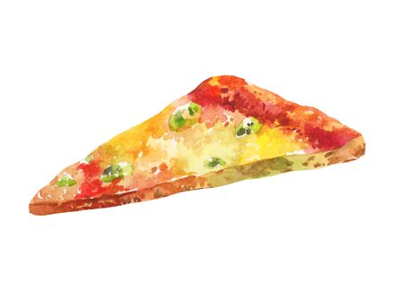 Pizza four cheeses, piece isolated on white. Hand drawn watercolorの写真素材