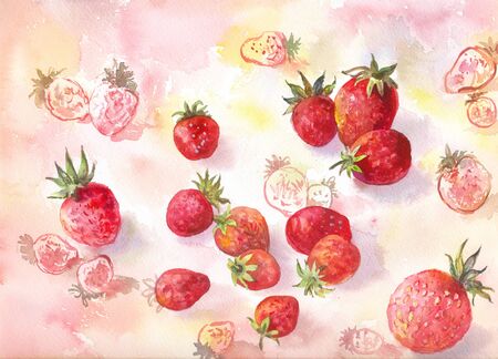 Strawberry watercolor background. Hand drawn illustration, concept for kitchenの写真素材