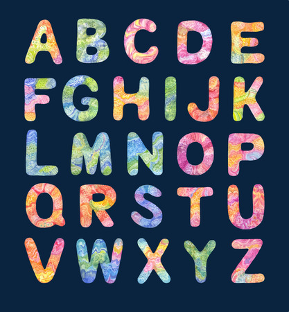 Colorful round cartoon font alphabet, hand-painted by watercolor.のイラスト素材